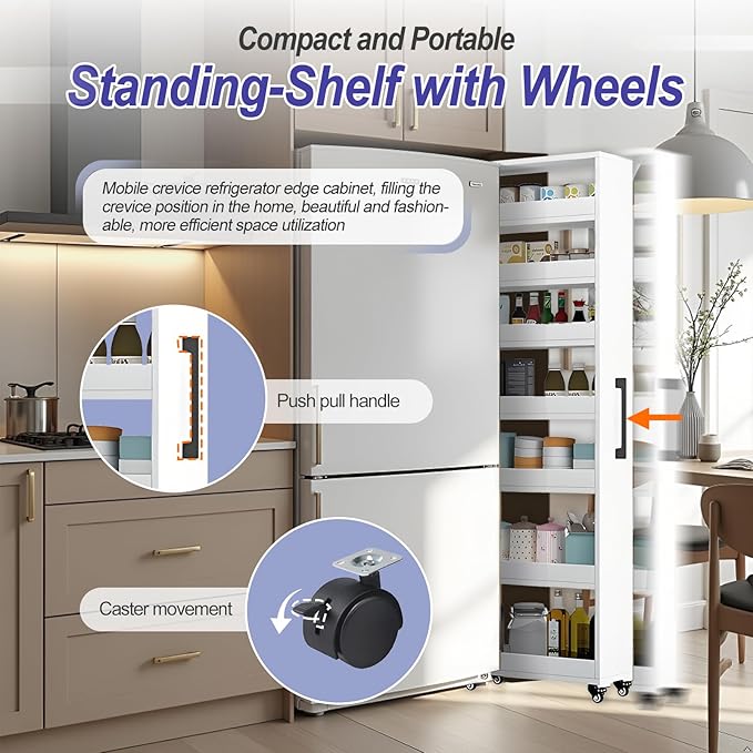 7-Tier Slim Storage Cart, Wooden Rolling Pantry Cabinet with Wheels, Narrow Shelf Organizer for Kitchen, Bakers Rack, Dining Room, Closet, Small Spaces Dark Walnut 47.2" H*7.8" W*16.9" D