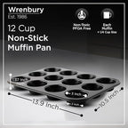 Wrenbury Non Stick Muffin Pan for Baking 12 Cup - Non Toxic Deep Cupcake and Yorkshire Pudding Tin - Even Bakes, Easy Clean, Warp Resistant - 3" Cup