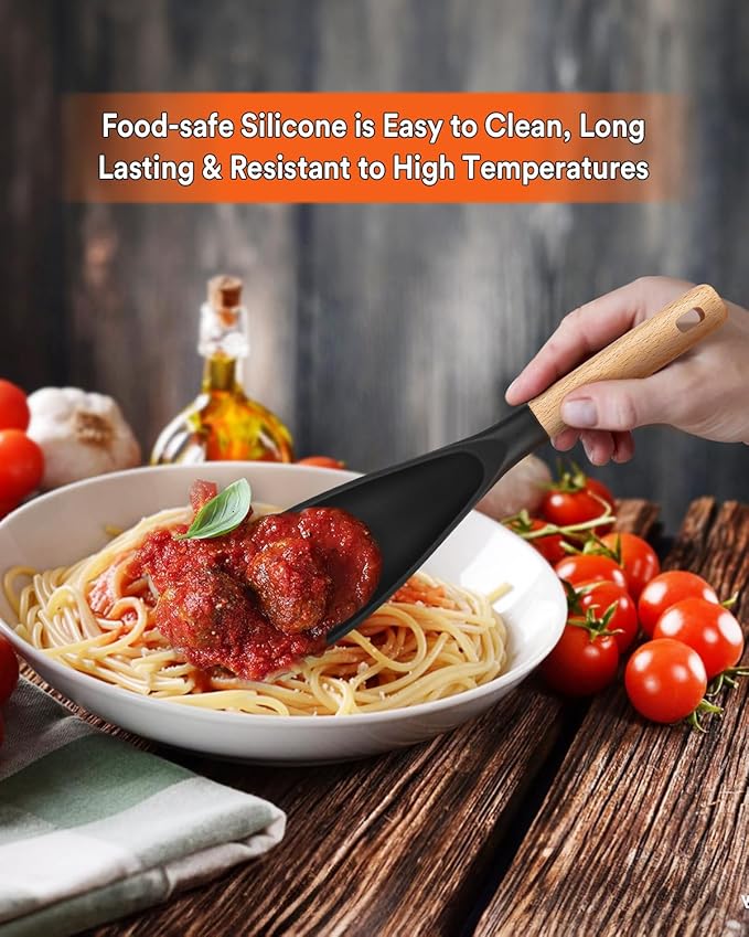 Cooking Spoon for Nonstick Cookwares, Great for Cooking and Serving Sturdy BPA-Free Matte Silicone, Wood Handle Spoon for Mixing, Scoop, and Scrape (2 Pack of Black, 11.4 inch)