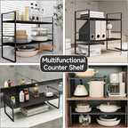 16.5-27’’L Expandable Kitchen Shelf Organizer, Stackable Shelves Organizer, Adjustable Height Pantry Spice Rack for Cabinet, Countertop, Pantry and Cupboard, Black