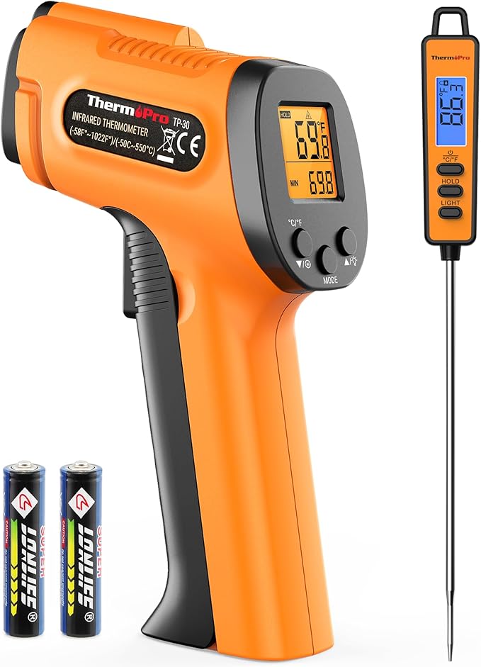 ThermoPro Temperature Gun, Infrared Thermometer Gun with Laser Pointer, Meat Thermometer Digital with Super Long Probe, Food Thermometer for Cooking, Laser Thermometer Gun -58℉-1022℉ Not for Human