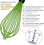 Dishwasher Safe Green Silicone Whisk, Sealed Waterproof Design Set of 3, Professional Kitchen Whisks for Cooking Non-Scratch, Silicone & Stainless Steel Whisk, Heat Resistant Balloon Egg Beater