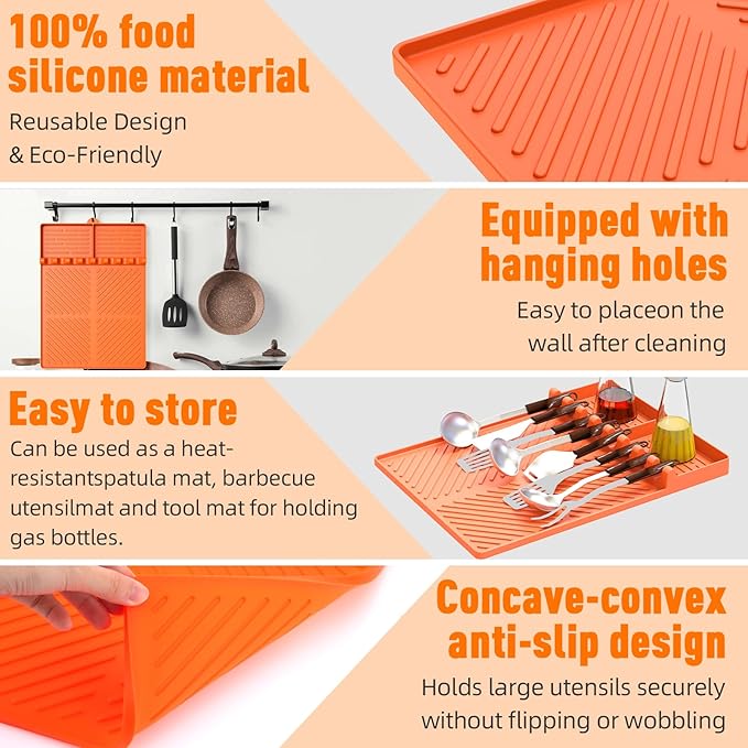 Silicone Grill Mat Compatible with Blackstone, Silicone Griddle Tools Mat with Drip Pad, Spatula Mat for Outdoor Grill Kitchen Counter (Orange)