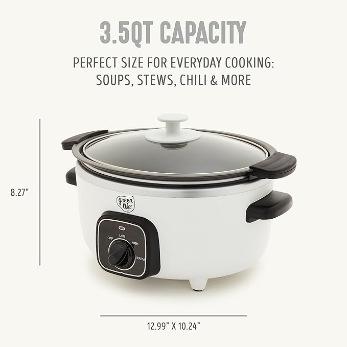 GreenLife 3.5QT Slow Cooker, Non-Toxic PFAS-Free Ceramic Nonstick Removable Interior Bowl, Programmable, Keep Warm, Stovetop & Oven Safe, Dishwasher Safe Parts, Glass Lid, White