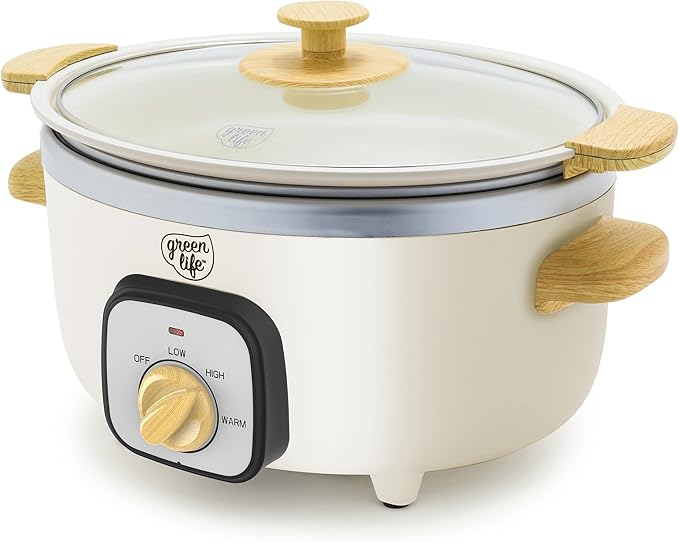 GreenLife 3.5QT Slow Cooker, Non-Toxic PFAS-Free Ceramic Nonstick Removable Interior Bowl, Programmable, Keep Warm, Stovetop & Oven Safe, Dishwasher Safe Parts, Glass Lid, Cream