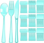 Minatee 150 Pieces Disposable Cutlery Set Plastic Silverware Heavy Duty Utensil Sets 50 Forks 50 Knives 50 Spoons for Home Office School Party Picnics Restaurant Outdoor Events(Light Green)