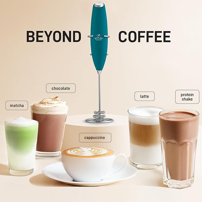 Zulay Kitchen Tornado Whisk Milk Frother with 4 AA Duracell Batteries - Triple Whisk for More Power - Handheld Coffee Frother with Stand - Drink Mixer for Lattes, Matcha & Protein Shakes
