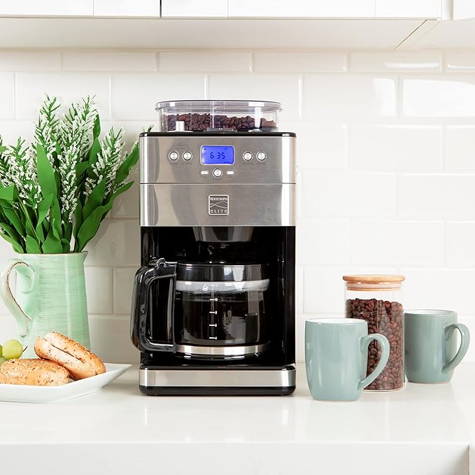 Koolatron Kenmore Elite Grind and Brew Coffee Maker - Built-In Grinder, Automatic Drip Coffee Machine, 12 Cup Programmable Brewer, Bean Grinder and Ground Coffee Brewer, Cafetera con Molino Integrade