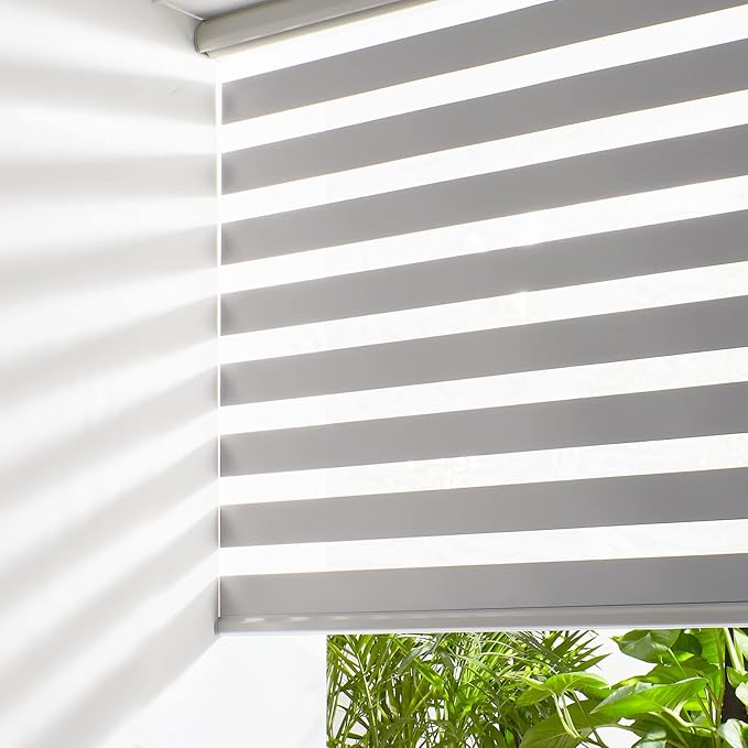 Persilux Cordless Zebra Blinds for Windows Free-Stop Roller Windows Shades (34" W X 72" H, Grey) Dual Layer Light Control for Day and Night, Light Filtering Sheer Shades for Home, Easy to Install