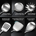 18/10 Stainless Steel Kitchen Utensils Set with Wooden Handle for Cooking 9 PCS with Solid and Slotted Spoon, Fork, Spatula, Ladle, Skimmer, Slotted Tunner, Spaghetti and Large Spoon