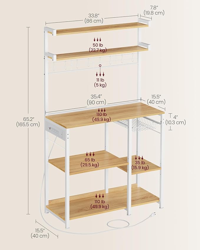 VASAGLE Bakers Rack with Power Outlet, 35.4 Inches Microwave Stand, Coffee Bar, 4 AC Outlets, with Adjustable Shelves, 8 S-Hooks, Basket, Spice Racks, Golden Oak and Cloud White UKKS031Y09
