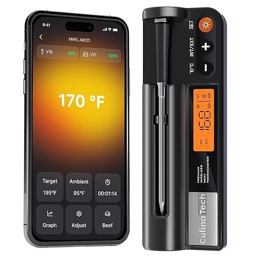 CulinaMeter One: 750FT Wireless Meat Thermometer with LCD Screen, Digital Cooking Food Thermometer for Beef Lamb Turkey, Dual Sensor Measures Internal & Ambient Temp