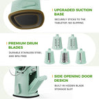 7 IN 1 Upgraded Rotary Cheese Grater with Handle – Vegetable Shredder with Built-in Storage Blade Slot, 5 Versatile Blades, Strong Suction Base Round Mandoline Slicer, Food Chopper for Kitchen