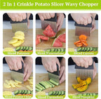 Suuker Crinkle Cutter, 2 In 1 Potato Slicer Wavy Chopper with Vegetable Peeler, Stainless Steel Wavy Slicer Crinkle Cutting Chopping Tools for Potatoes Carrot Chips and Fruits, Vegetables, Onions