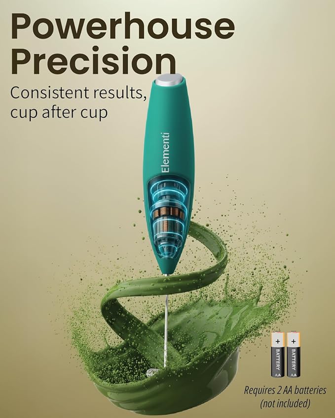 Elementi Matcha Whisk & Frother Set - Powerful Electric Matcha Mixer for Powder, Easy to Use Electric Whisk Kit - Craft Effortless Lattes with the Elementi Milk Frother Wand & Wisk (Emerald Green)