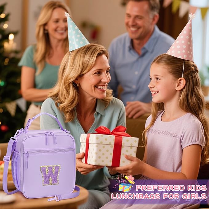 Initial Insulated Lunch Bag for Girls Kids, Back to School Gift, Reusable Leak-proof Lunch Box with Adjustable Strap for School Daycare Travel Picnic (Purple,W)