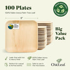 Chic Leaf Square Bamboo Palm Leaf Disposable Plates - 8" Pack of 100 - Biodegradable & Compostable Dinnerware - Disposable Party & Appetizer Plates - Eco-Friendly Dessert Trays