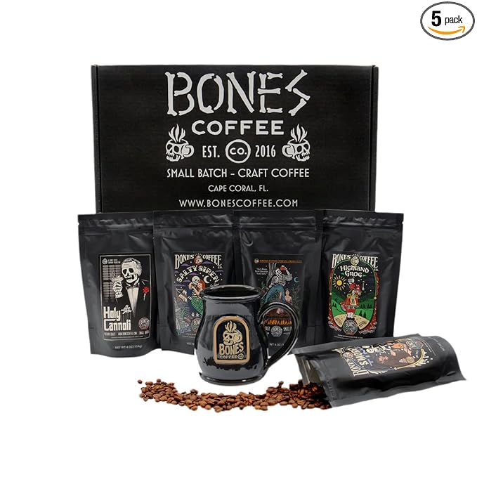Bones Coffee Company Favorite Flavors Sample Pack Box Set with Specialty Coffee Mug, 5 Assorted Single-Origin Low Acid Medium Roast Arabica Beans Flavored Coffee Gifts, 4 oz Pack of 5 Whole Bean