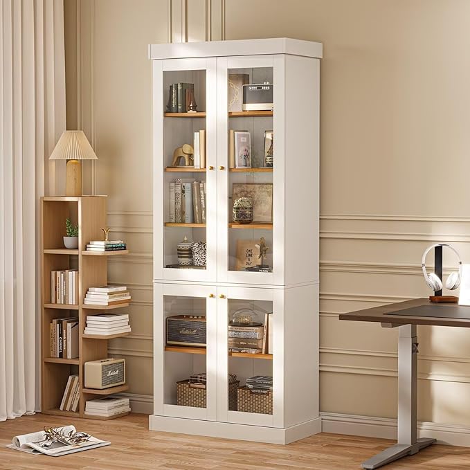 70.8" Tall Farmhouse Kitchen Pantry Cabinet with Glass Doors, Modular Storage Cabinet with 6-Tier Adjustable Shelves, White, Wooden Hutch for Kitchen, Living Room, Set of 3