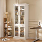 70.8" Bookshelf with Glass Doors, Farmhouse Modular Bookcase with 6-Tier Adjustable Shelves, Large Storage Cabinet for Living Room & Home Office, Set of 4, White