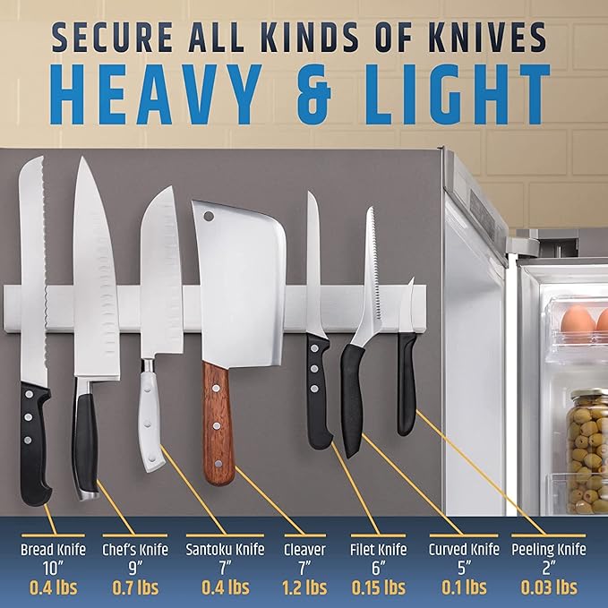 17" Premium Magnetic Knife Holder for Refrigerator (Double-Sided Heavy-Duty Magnets) - Upgraded Strip for Strong Fridge Mount - Clear Up Counter Space - 304 Anti-Rust Stainless Steel (Upgraded Design)
