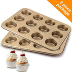 2 Pack Premium Nonstick Bakeware 12-Cup, Mini Muffin Pan, Dishwasher Oven Safe(Golden, 12 Cup (2 pcs)