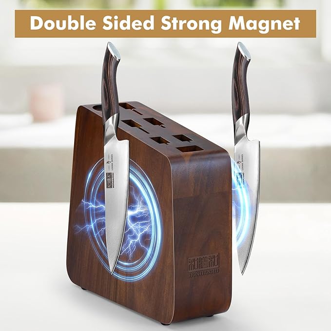 HOSHANHO Magnetic Knife Block 10 x 9 Inches, Double Sided Magnetic Knife Holder and Kitchen Knife Organizer Storage, 7 Slots Acacia Wood Universal Knife Block for Chefs