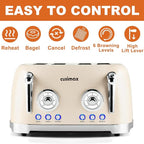 CUSIMAX Toaster 4 Slice, Retro Toaster with Wide Slots for Bagels, Stainless Steel toaster with 6 Toast Settings, Bagel, Cancel, Defrost & Reheat Functions, Dual Independent Control Panels, Cream