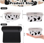 FORBFAN 150 Pcs Mini Square Baking Cups with Lids, 10 oz Mini Aluminum Cake Pans with Spoons, Small Baking Tins Cow Print