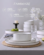 Famiware Nebula Plates and Bowls Set, 24 Pieces Dinnerware Sets, Dishes Set for 8, White with Black Rim