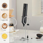 Rechargeable Milk Frother Set by ELMWAY, Electric Drink Blender with Wand and Egg Whisk, Foam Maker Mixer, Milk Frother Handled for Coffee, Latte, Matcha, Protein Powder (Black with Stand)