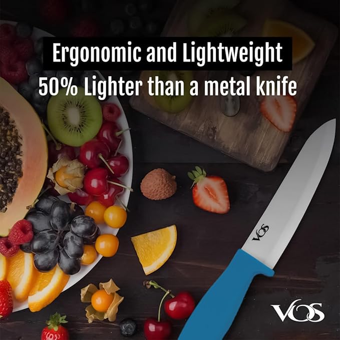 Vos Ceramic Knife Set with Peeler, Ceramic Knives Set For Kitchen, Ultra Sharp Kitchen Knife Set with Covers, 3" 4" 6" Paring, Utility & Chef Knife, Ultra Sharp, Lightweight, Dishwasher safe (Blue)