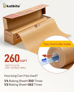 Unbleached Parchment Paper Roll for Baking 12in x 262ft, 260 Sq.Ft, Heavy Duty & Non-stick Baking Paper with Slide Cutter, Brown Parchment Paper for Cooking, Air Fryer, Steaming, Bread