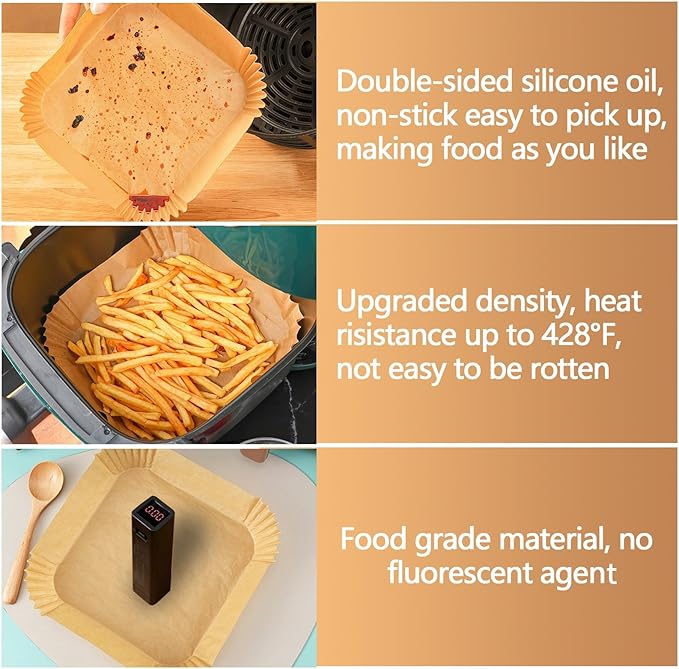 8.5 Inch Air Fryer Liners, 150PCS Non-Stick Air Fryer Paper Liners Disposable, Oil-Proof & High-Temperature Resistant Square Baking Paper for Air Fryer, Microwave, Oven（Bottom Is 7 Inch）