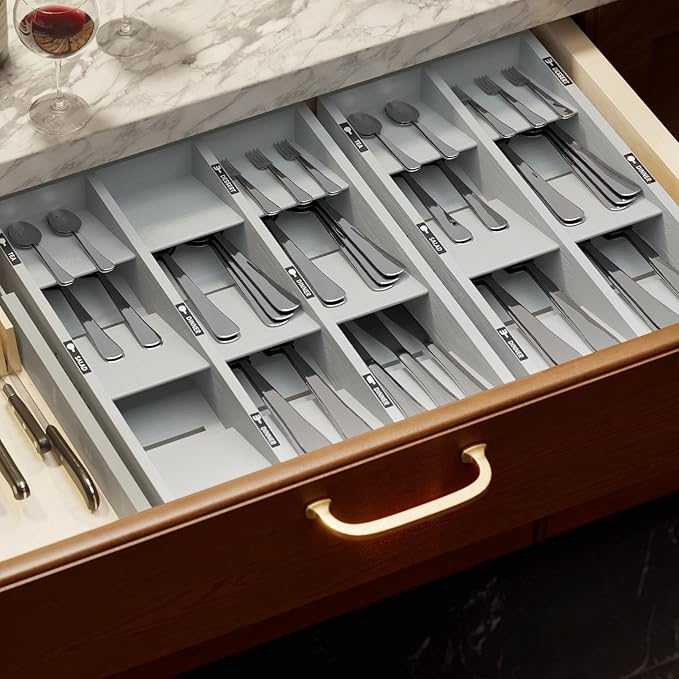 SpaceAid Bamboo Silverware Drawer Organizer with Labels, Kitchen Utensil Tray Holder Organizer for Flatware, Cutlery, Spoon and Knives Drawer Storage Organization (Gray, 6 Slots)