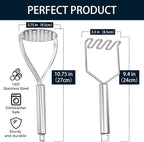 18/0 Stainless Steel Potato Mashers, 10.7-in Kitchen Masher Tool for Avocado Vegetable Sauce Butter, Heavy Duty, Dishwasher Safe, Pack of 2