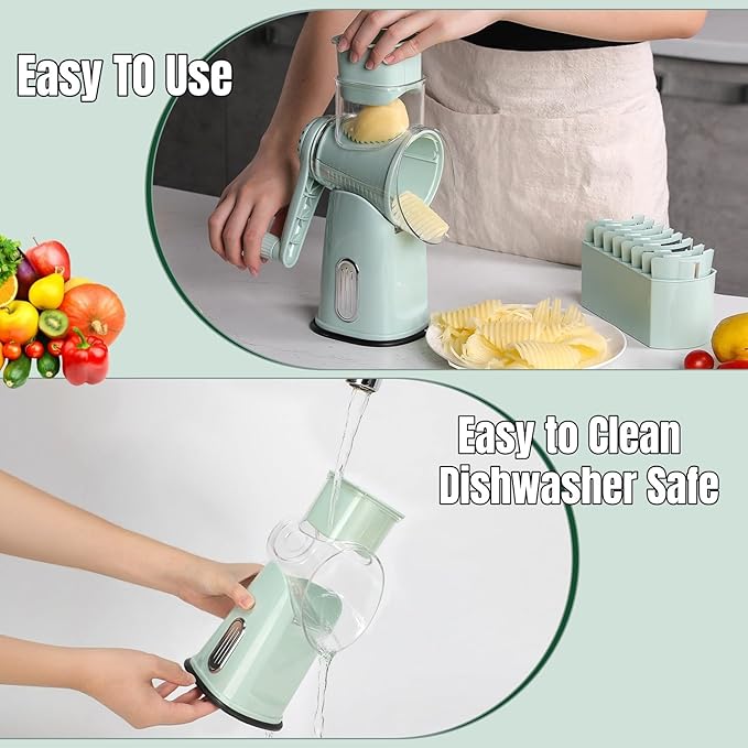 Rotary Cheese Grater with Handle, Manual Vegetable Slicer Grater with 5 Detachable Stainless Steel Blades, Round Grater Slicer Hand Crank Food Chopper for Kitchen with Blade Storage Box