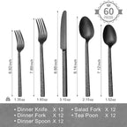 KINGSTONE 60 Pcs Black Hammered Silverware Set for 12, 18/10 Stainless Steel Heavy Duty Flatware Set, Tableware Cutlery Utensil Sets for Home Restaurant Dishwasher Safe