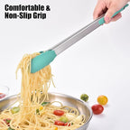Doosu Kitchen Tongs for Cooking - 600°F Heat Resistant Food Tong with Non-Scratch Silicone Tips, Heavy Duty Stainless Steel Locking Tong for BBQ, Grilling Steak, Serving Salad, Pasta (16in, Aqua Sky)
