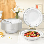 BESTVIP 50 Pack Plastic Bowls with Silver Rim, 12 oz Disposable Soup Bowls, Heavy-duty Dessert Salad Bowl for Party, Wedding, Christmas, Thanksgiving Catering and Dinner