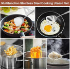 18/10 Stainless Steel Cooking Utensils Set, 10PCS Metal Kitchen Utensils Set for Wok,Kitchen Tools Set Come with Spoon, Fork, Spatula, Ladle, Skimmer, Turner, Pasta Server