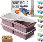 Silicone Freezer Tray with Lid Soup Freezer Container Molds with Steel Reinforced Rim Large Ice Cube Tray Makes 4 Perfect 2 Cup Portions Cubes Storage Food Meal Prep Containers Cookware 2 Pack