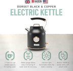 Haden Dorset 1.7 Liter Stainless Steel Electric Kettle, Hot Water Kettle with 360-Degree Base and Auto Shutoff, Black & Copper