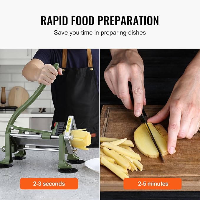 VEVOR French Fry Cutter, Potato Slicer with 1/2-Inch and 3/8-Inch Stainless Steel Blades, Manual Potato Cutter Chopper with Suction Cups, Great for Potato, French Fries, Cucumber, Vegetables, Carrot