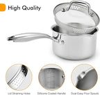 Cyrosa 2.5 Quart Saucepan with Strainer Lid, Stainless Steel Sauce Pot, Sauce Pan for Stove Top, Two Side Spouts for Easy Pour, Dishwasher Safe