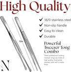 Namre' Tweezer Tongs for Cooking -Plating - 2 Pack Stainless Steel Cooking Tongs - Thin Chopstick Precise & Strong Chef Tweezers for Food & Small Objects - 12 Inch - (Silver)