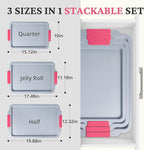 BRONYPRO Non Stick Ceramic Baking Sheet Pan Set of 3, Natural Non Toxic Cookie Sheets for Baking - PFOA, PTFE Free, Aluminized Steel Oven Trays for Cooking with Silicone Handles, Rose Red