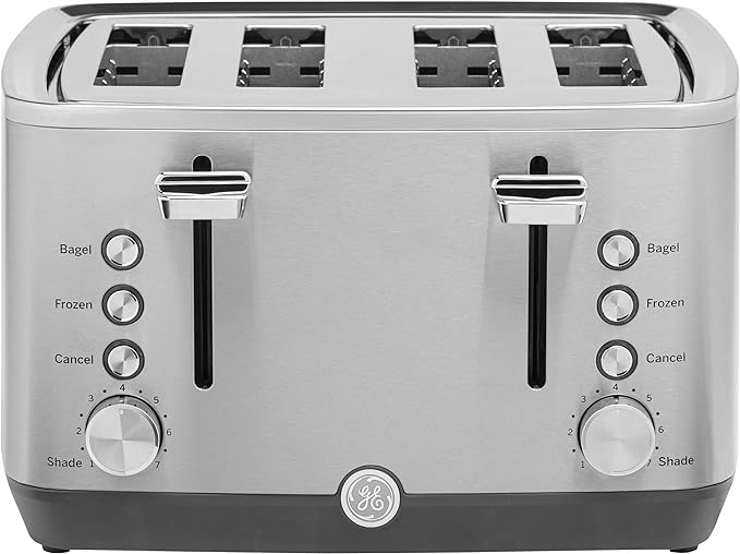 GE Stainless Steel 4 Slice Toaster | Extra Wide Slots for Bagels, Breads, Waffles & More | 7 Shade Options | Countertop Kitchen Essentials | 1500 watt