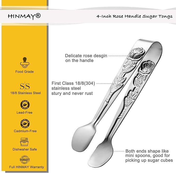 6PCS Mini Serving Tongs 4-Inch Small Rose Sugar Cube Tongs (Silver)
