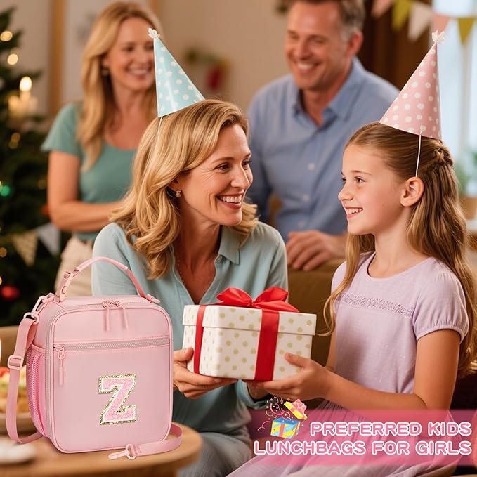 Initial Insulated Lunch Bag for Girls Kids, Back to School Gift, Reusable Leak-proof Lunch Box with Adjustable Strap for School Daycare Travel Picnic (Pink,Z)